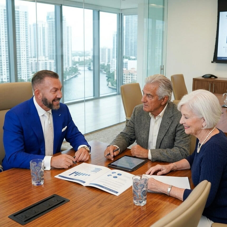 Dustin Stanley, financial advisor, meeting with a couple in Sarasota, Florida